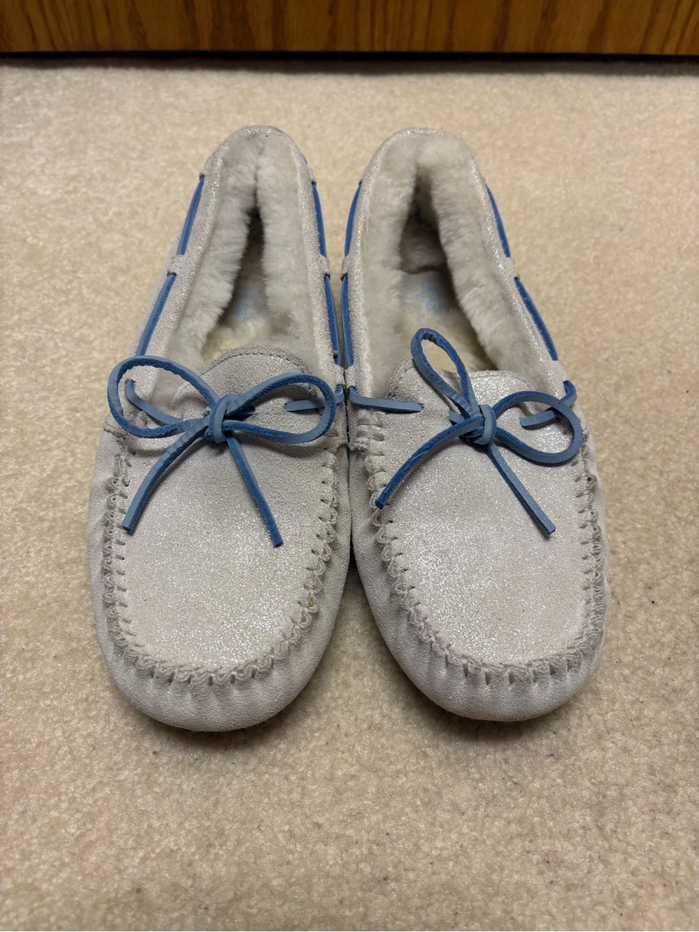 UGG Women's Light Gray Moccasin Slippers with Blue Trim